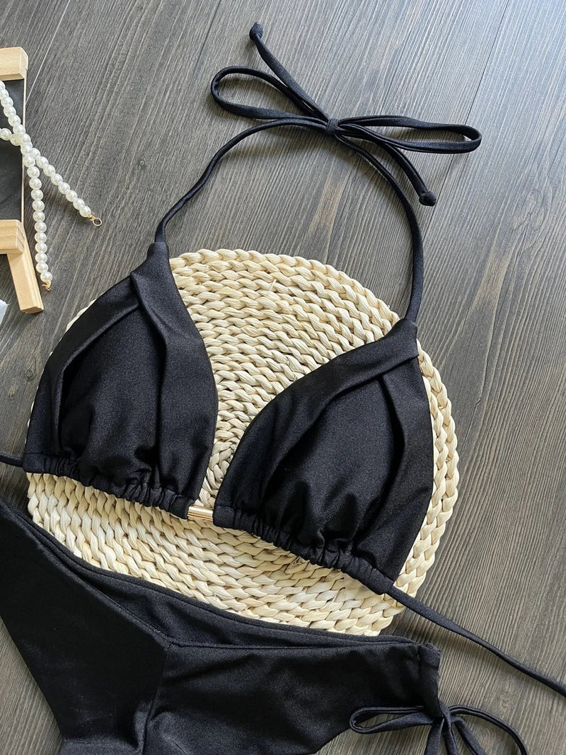 2025 New Sexy Triangle Bathing Suit for Women Brazilian Bikinis Halter Swimwear Push Up Swimsuit Metal Chain Beach Bikini Set