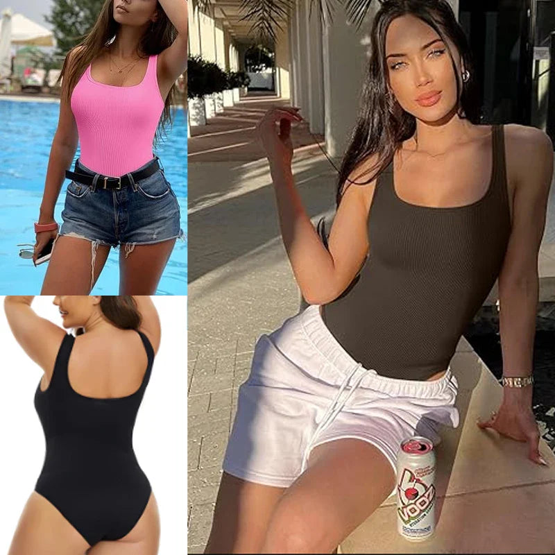 GUUDIA Ribbed Tummy Jumpsuit Daily Shaper Bodysuits Light Control Compress Tummy Control Open Crotch Shapewear Suits Open Crotch