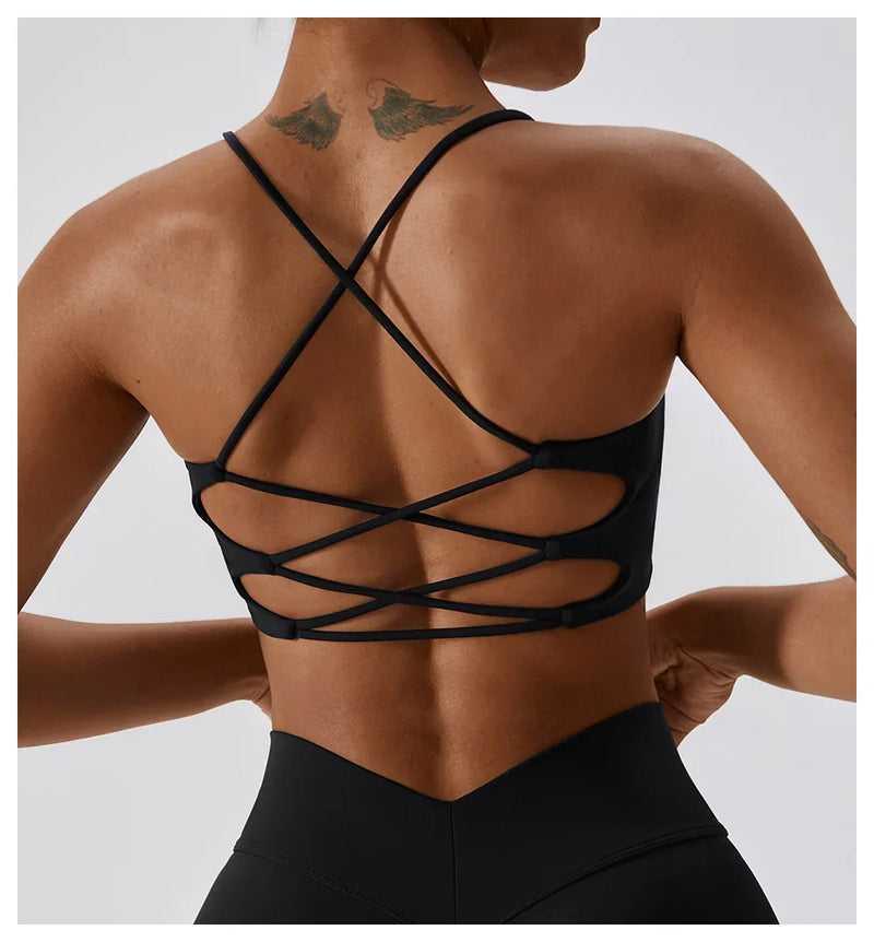 Solid Color U-Shaped Multi-Strap Cross Back Women Fitness Sports Bra Top Gym Yoga Athletic Tight Workout Jog Soft With Chest Pad
