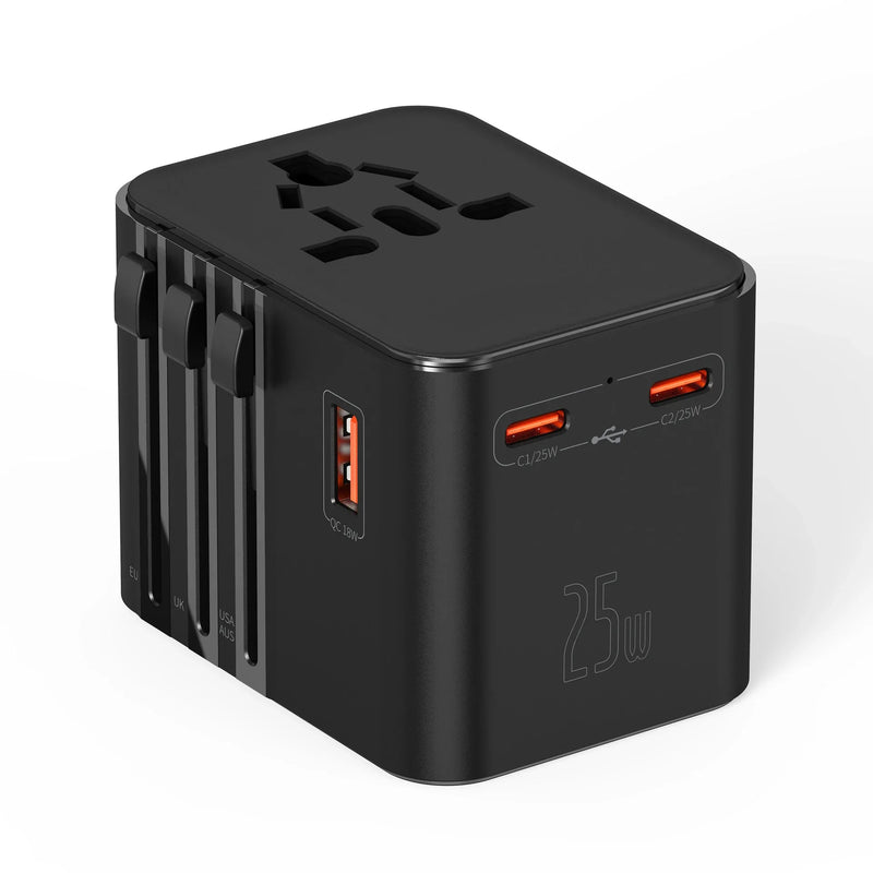 JINGMIN Universal Travel Adapter with 4 AC Outlets 1 USB Ports 2 Type-C PD 25W All-in-one Fast Power Charge On EU UK US AUS Plug