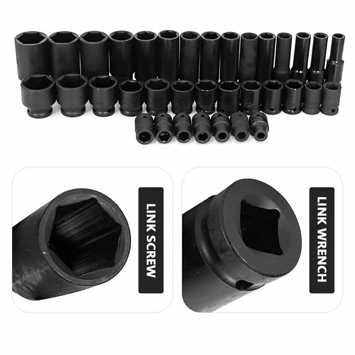 Professional 35Pcs 6 Point Wall Deep Impact Socket Set 1/2" Drive Long Reach Garage Metric 8-32MM with Carry Black Case