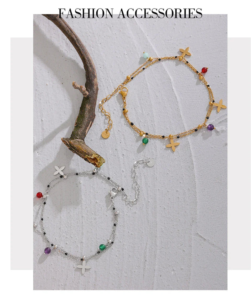 Yhpup Colorful Natural Stone Bead Flower Chain Stainless Steel Beach Anklet for Women Exquisite Summer Jewelry Bijoux Femme