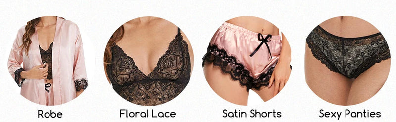 Women's Satin Pajama Set 4pcs Floral Lace Trim Cami Lingerie Sleepwear with Robe Sleepwear Lace Cami Shorts Loungewear Pink