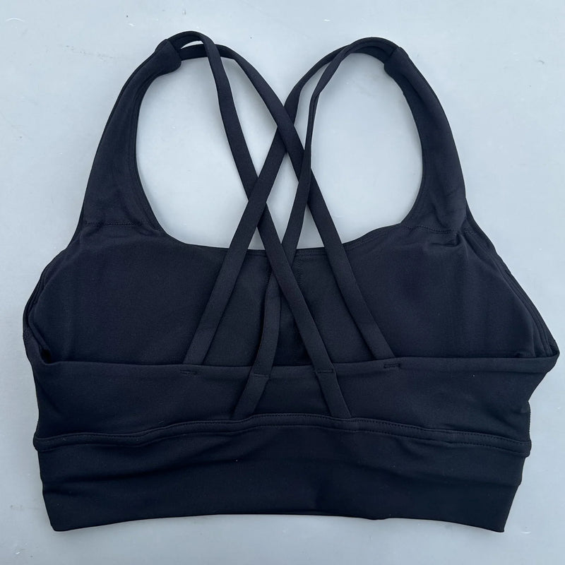 Solid Color Soft Cross Back Women Fitness Bra Tights Yoga Vest High Strength Shockproof Gym Sports Top Push Up With Chest Pad