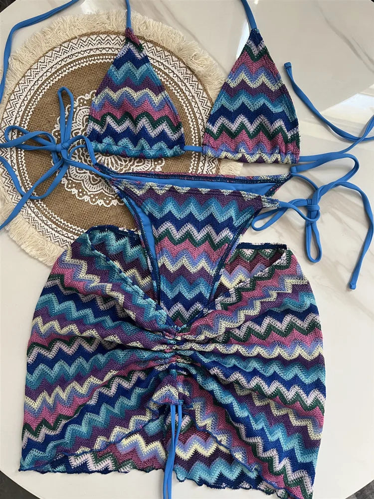 Women Swimsuit Colored Maple Leaves Knitted Bikini Skirt Three-Piece Set Split Swimsuit Bikini