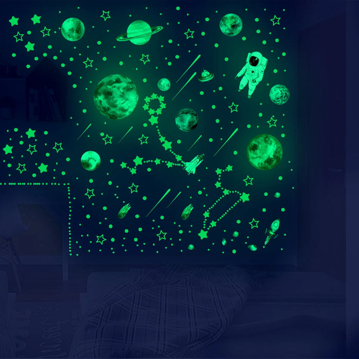 Glow In The Dark Star Wall Stickers Luminous Planet Spaceship Wall Decals Fluorescent Star Ceiling Stickers For Bedroom