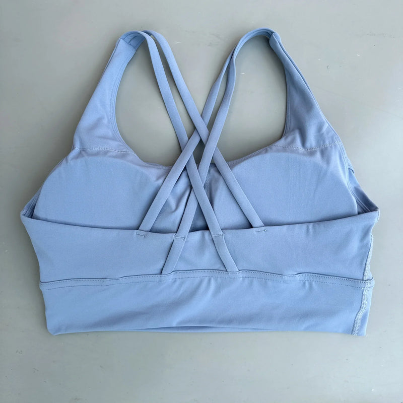 Solid Color Soft Cross Back Women Fitness Bra Tights Yoga Vest High Strength Shockproof Gym Sports Top Push Up With Chest Pad