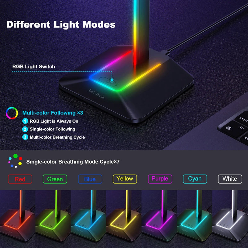 RGB Headphones Stand Holder Desk Gaming Headset with 2 USB Ports Cool Display Holder Non-Slip Rubber Base for Gamer