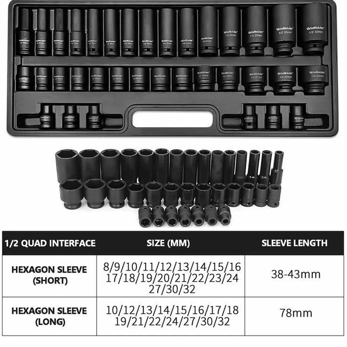 Professional 35Pcs 6 Point Wall Deep Impact Socket Set 1/2" Drive Long Reach Garage Metric 8-32MM with Carry Black Case