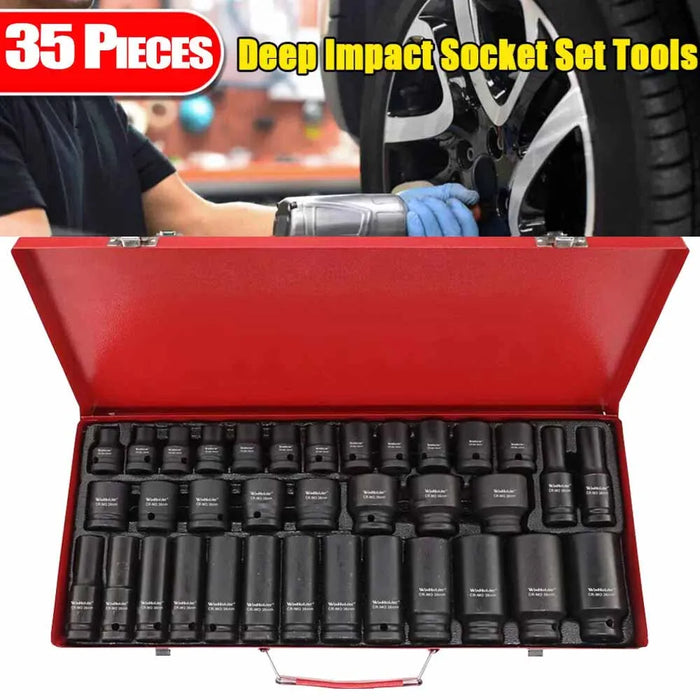 Professional 35Pcs Deep Impact Socket Set 1/2" Drive 6 Point Air Sockets Spindle Axle Nut Garage Workshop Car Truck Repair Tools