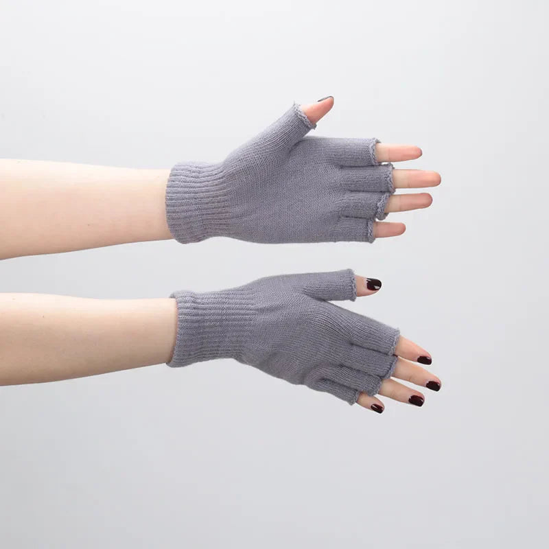 1pair Black Short Half Finger Fingerless Knit Wrist Glove Winter Warm Stretch Work Gloves for Women and Men Cycling Accessories