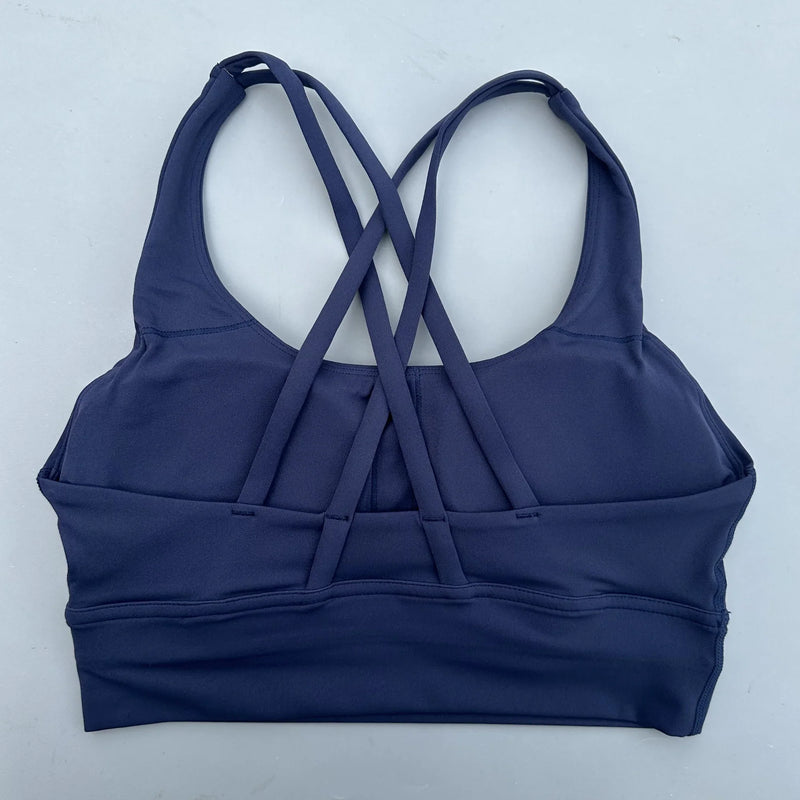 Solid Color Soft Cross Back Women Fitness Bra Tights Yoga Vest High Strength Shockproof Gym Sports Top Push Up With Chest Pad
