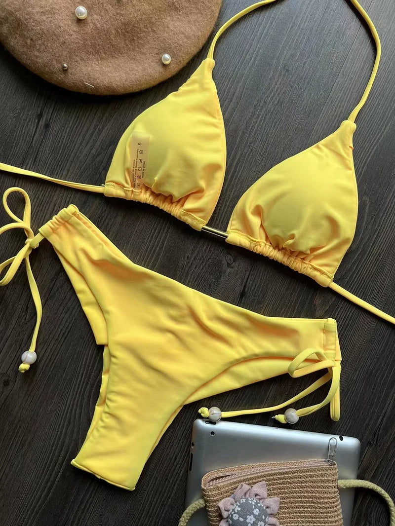 2025 New Sexy Triangle Bathing Suit for Women Brazilian Bikinis Halter Swimwear Push Up Swimsuit Metal Chain Beach Bikini Set