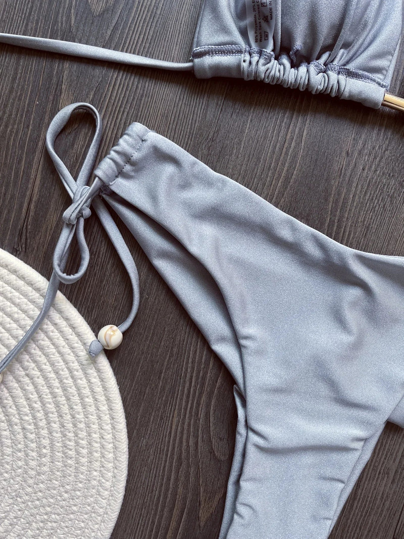 2025 New Sexy Triangle Bathing Suit for Women Brazilian Bikinis Halter Swimwear Push Up Swimsuit Metal Chain Beach Bikini Set