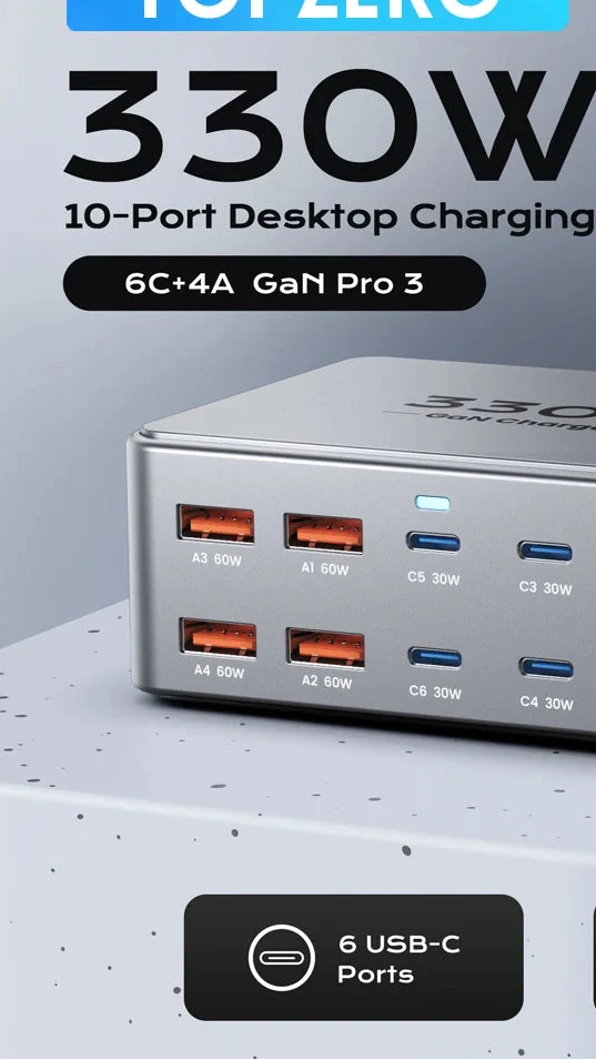 330W USB C GaN Charger 100W PD3.0 PPS QC3.0 Multiport Fast Charging Station For Laptop iPhone 15 16 Samsung Macbook Pro Tablet