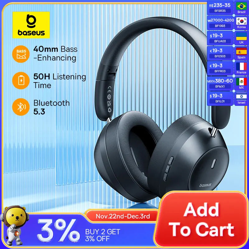 Baseus Bass 30 Max Wireless Headset Bluetooth 5.3 Over Headphones Bass-Enhancing 40mm Diaphragm Ultra Low Latency Earphones 50H