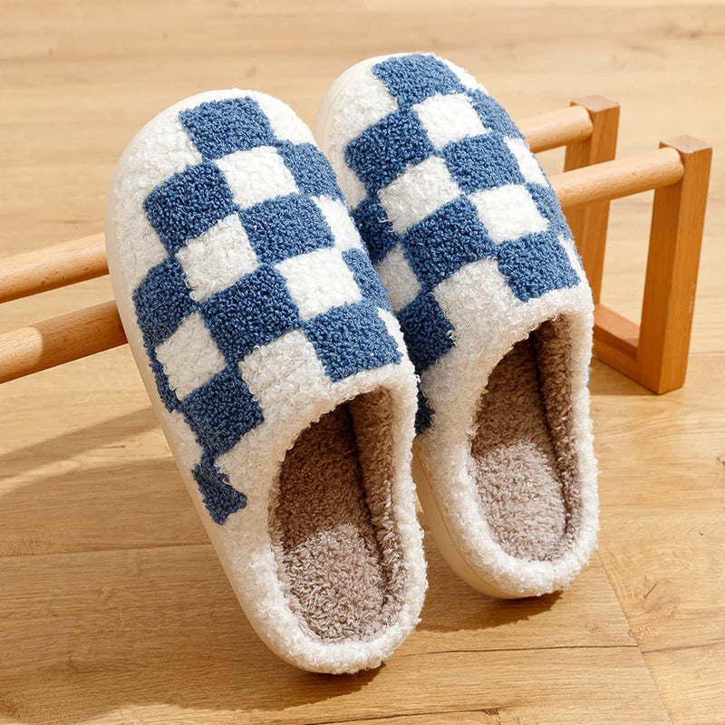 New Fuzzy Slippers Fashion Checker Indoor Embroidery Houseshoes Cozy Woman Winter Fluffy House Retro Checkered Print Shoes