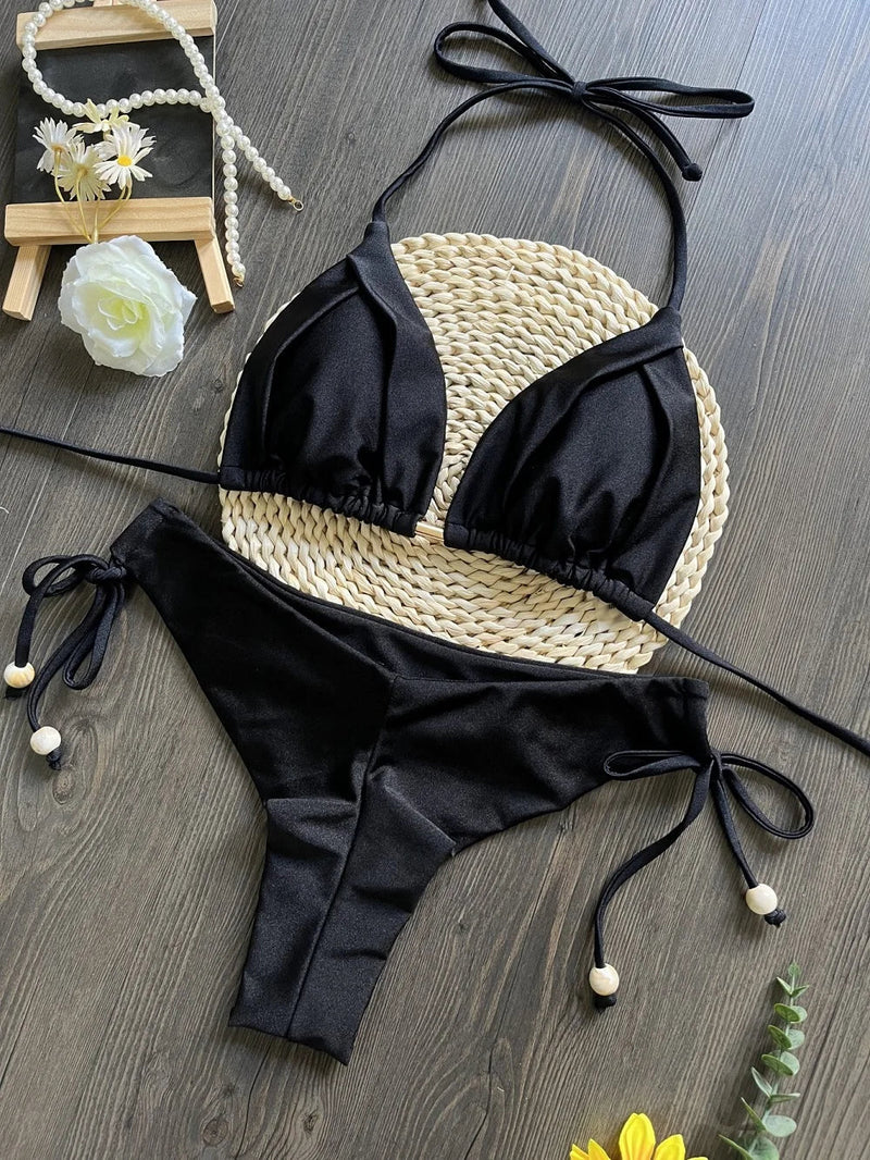 2025 New Sexy Triangle Bathing Suit for Women Brazilian Bikinis Halter Swimwear Push Up Swimsuit Metal Chain Beach Bikini Set