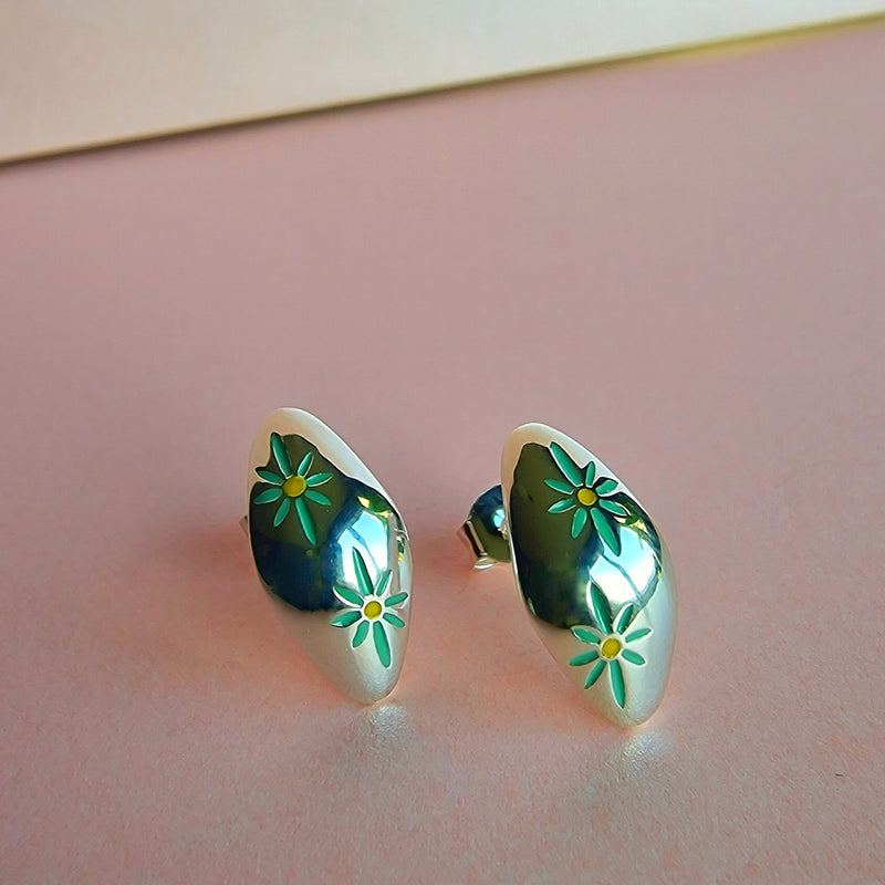 Silver Enamel Flower Stud Earring