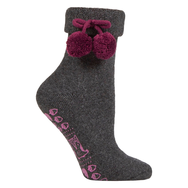 1 Pair Ladies Wool Mix Slipper Socks with Pom Pom - Warm Soft Cosy Comfort