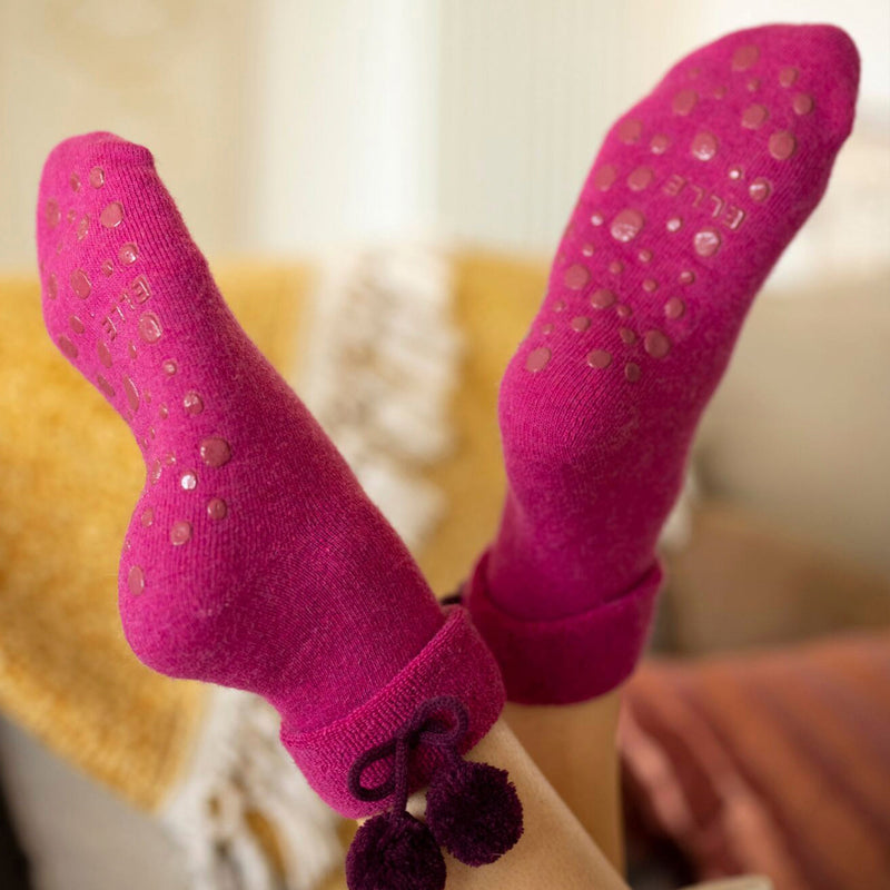 1 Pair Ladies Wool Mix Slipper Socks with Pom Pom - Warm Soft Cosy Comfort