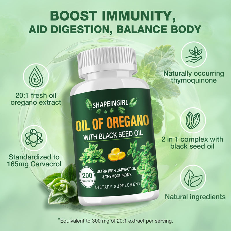 SHAPEINGIRL Organic Oregano Oil Capsules with Black Seed Oil | 200 Softgels