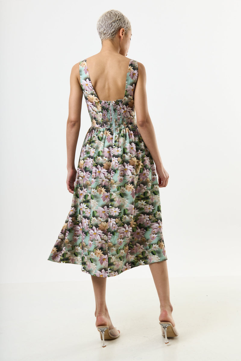 Sherazade 3D Daisy Print Square Neck  Midi Dress - Green