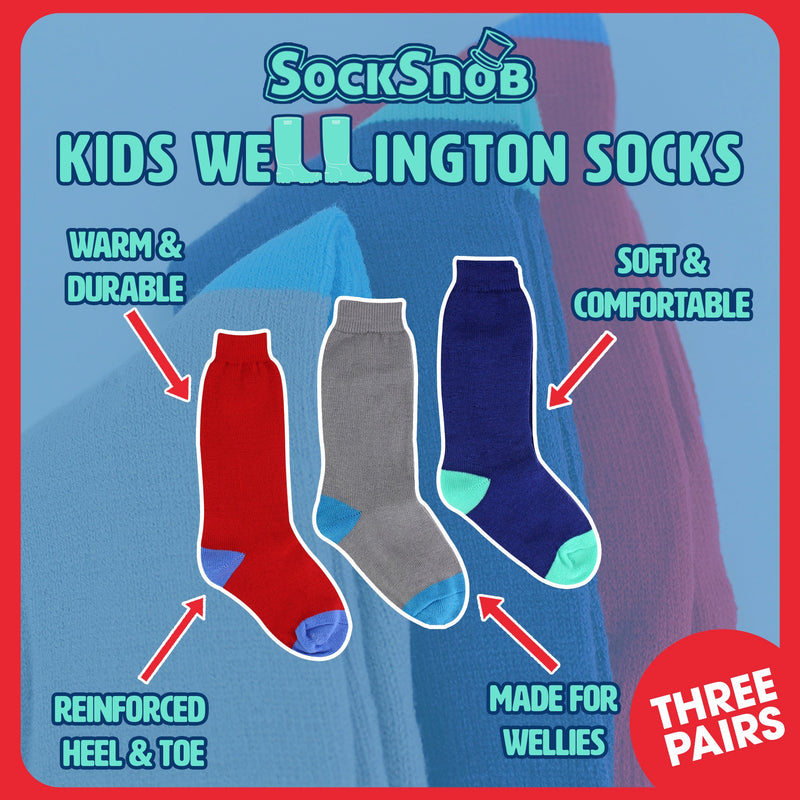 3 Pack Kids Wellington Boot Socks | Boys Welly Socks for Outdoor Walking