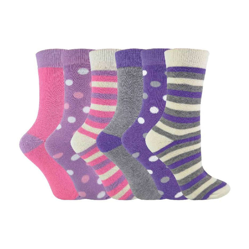 6 Pack Ladies Thermal Cute Patterned Crew Cotton Socks with Stripes