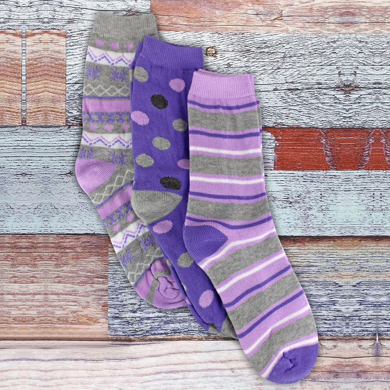 6 Pack Ladies Thermal Cute Patterned Crew Cotton Socks with Stripes