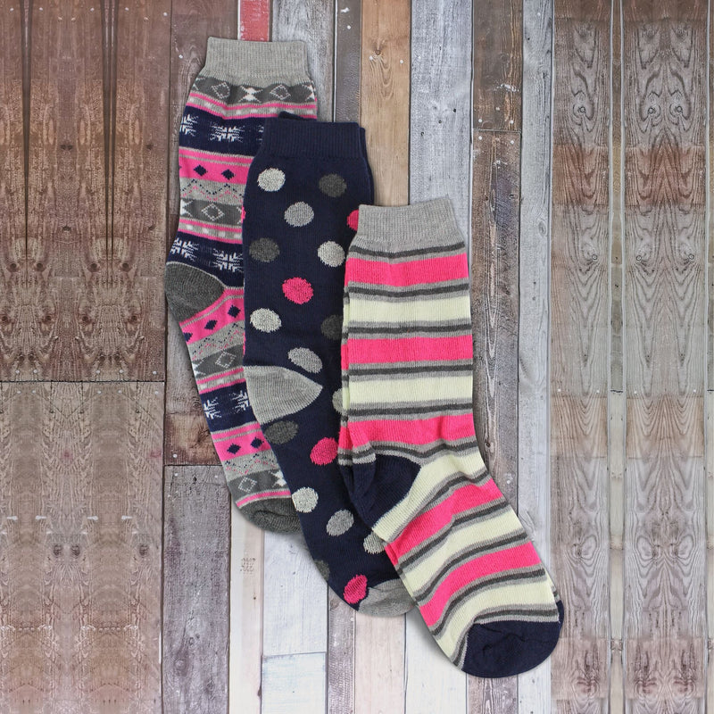6 Pack Ladies Thermal Cute Patterned Crew Cotton Socks with Stripes