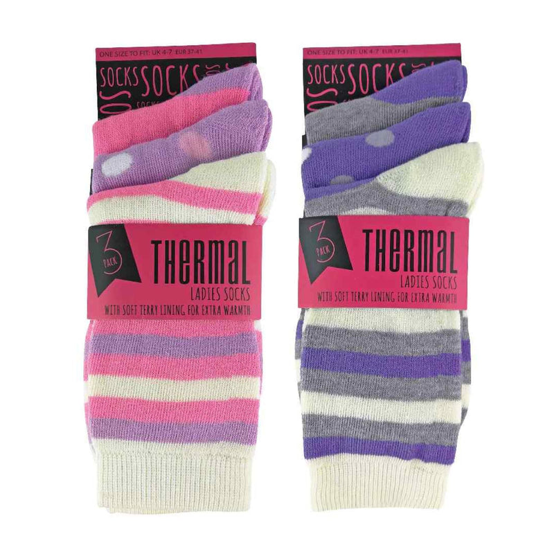 6 Pack Ladies Thermal Cute Patterned Crew Cotton Socks with Stripes