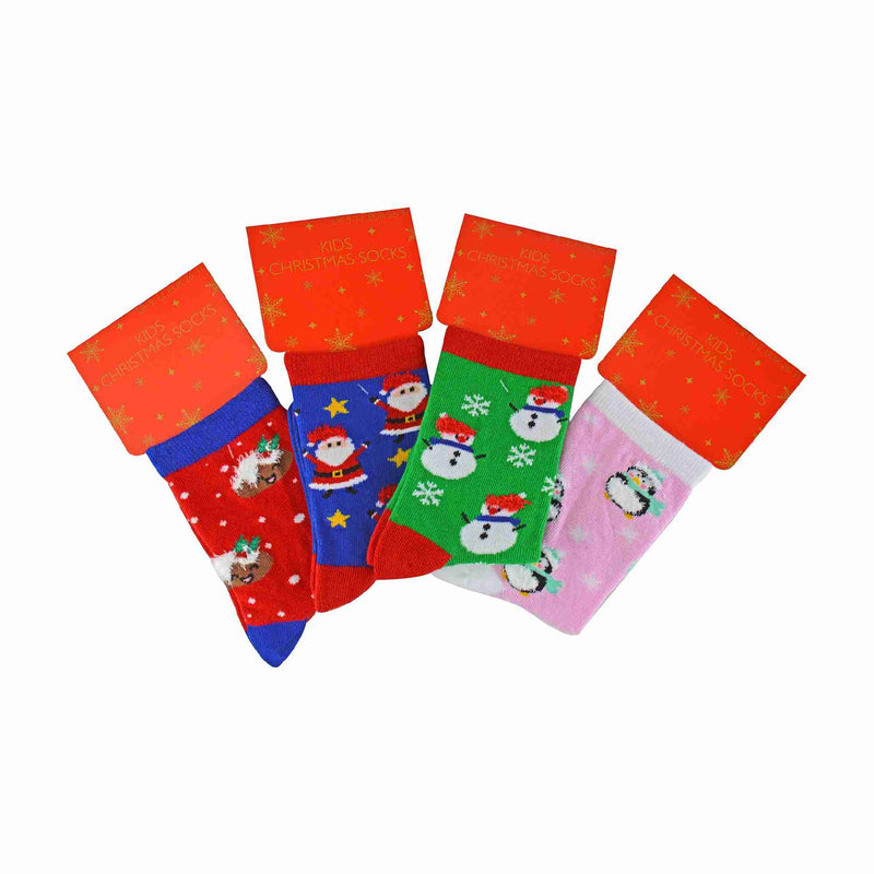 4 Pack Kids Cotton Rich Christmas Novelty Festive Winter Socks