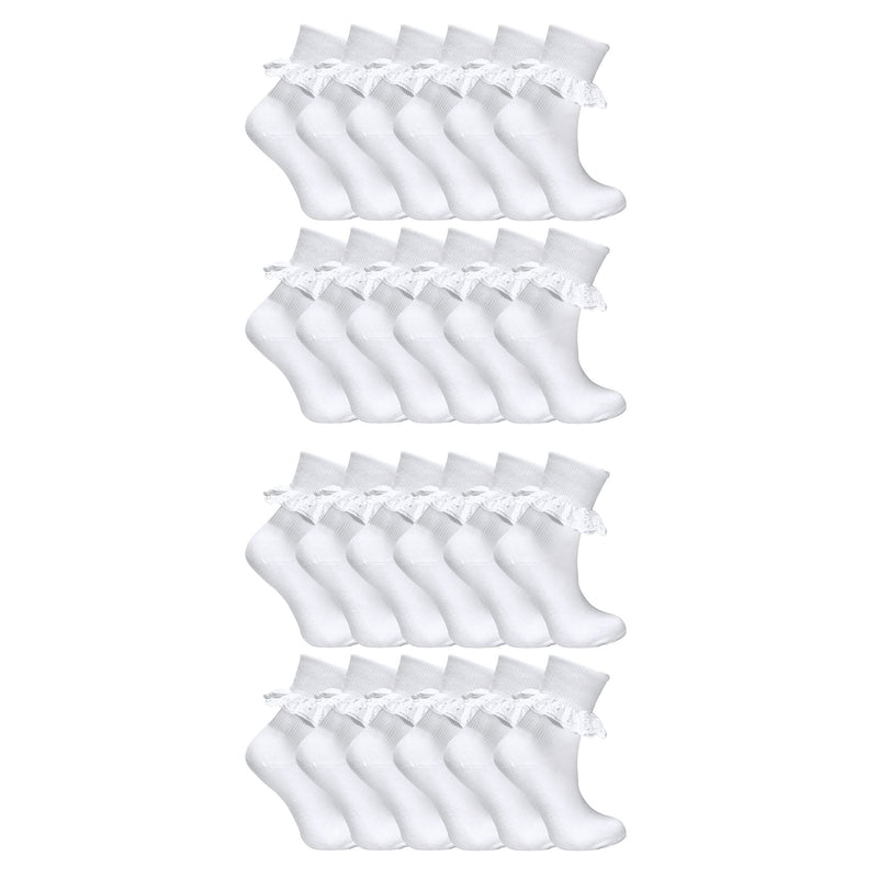 24 Pair Multipack White Frilly Lace Socks for Girls