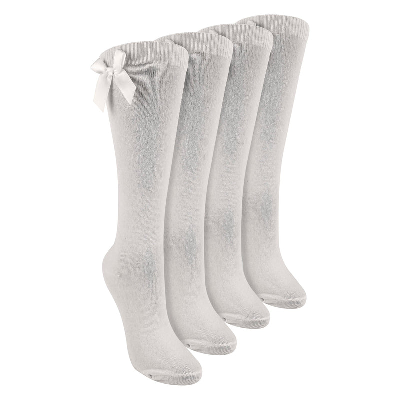 Girls 4 Pack Knee High School Socks with Ribbon Bow | Kids Plain Long Socks