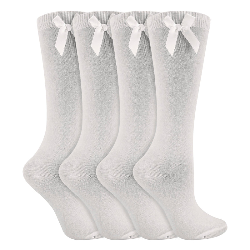 Girls 4 Pack Knee High School Socks with Ribbon Bow | Kids Plain Long Socks