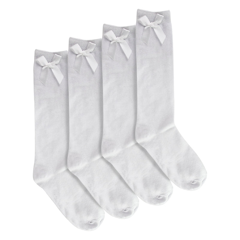 Girls 4 Pack Knee High School Socks with Ribbon Bow | Kids Plain Long Socks