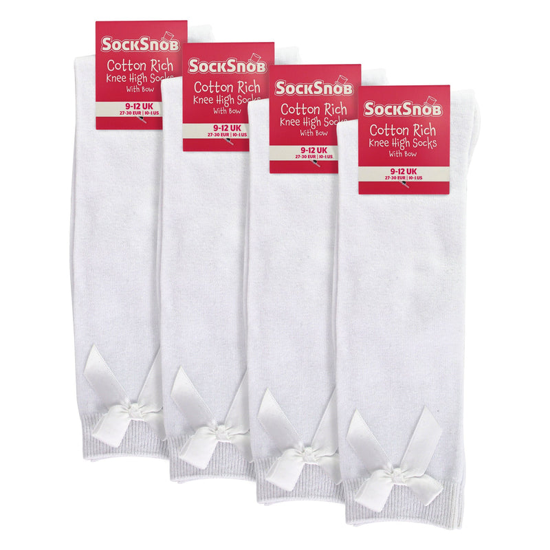 Girls 4 Pack Knee High School Socks with Ribbon Bow | Kids Plain Long Socks