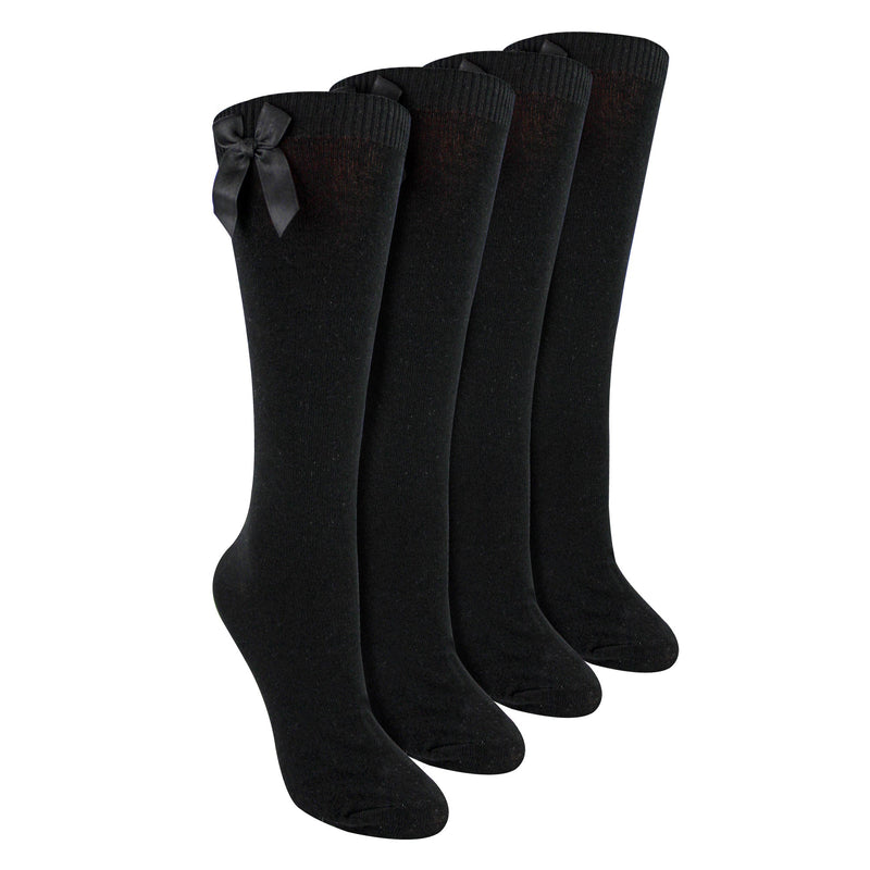 Girls 4 Pack Knee High School Socks with Ribbon Bow | Kids Plain Long Socks