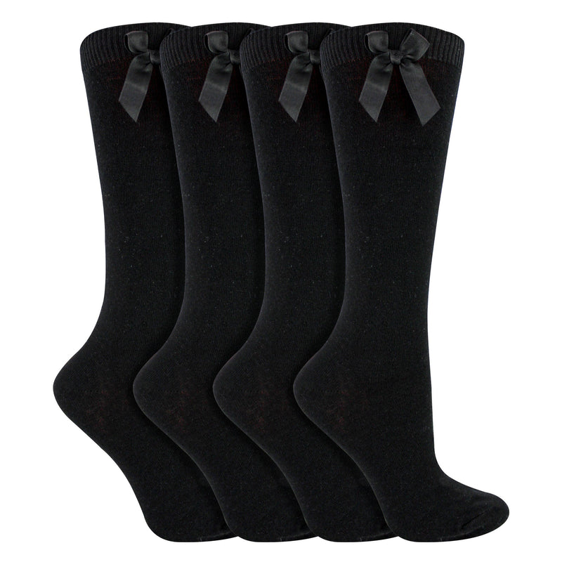 Girls 4 Pack Knee High School Socks with Ribbon Bow | Kids Plain Long Socks