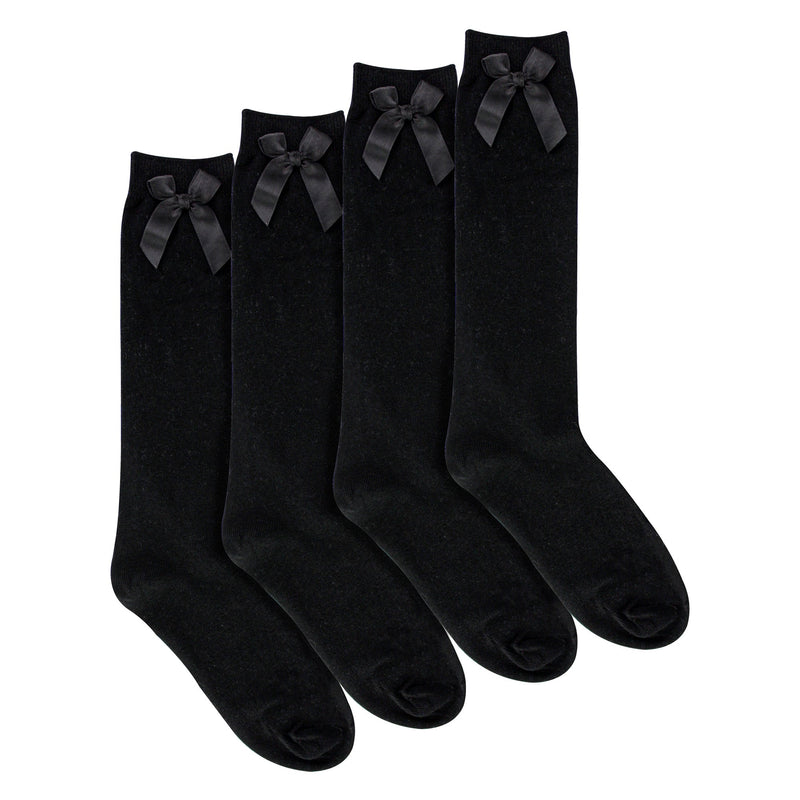 Girls 4 Pack Knee High School Socks with Ribbon Bow | Kids Plain Long Socks