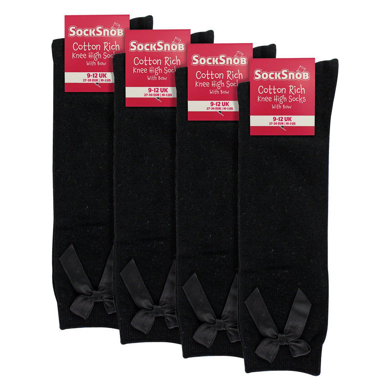 Girls 4 Pack Knee High School Socks with Ribbon Bow | Kids Plain Long Socks