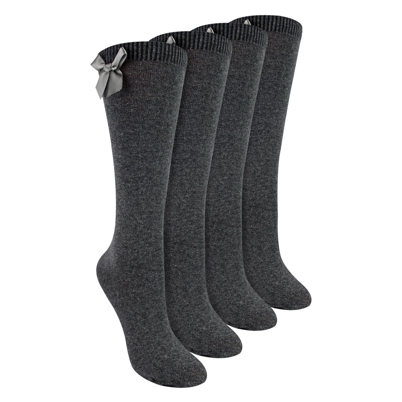 Girls 4 Pack Knee High School Socks with Ribbon Bow | Kids Plain Long Socks
