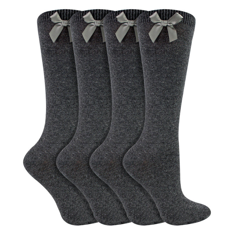 Girls 4 Pack Knee High School Socks with Ribbon Bow | Kids Plain Long Socks