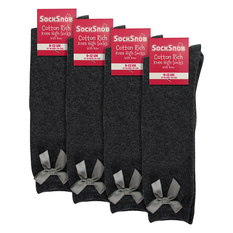 Girls 4 Pack Knee High School Socks with Ribbon Bow | Kids Plain Long Socks