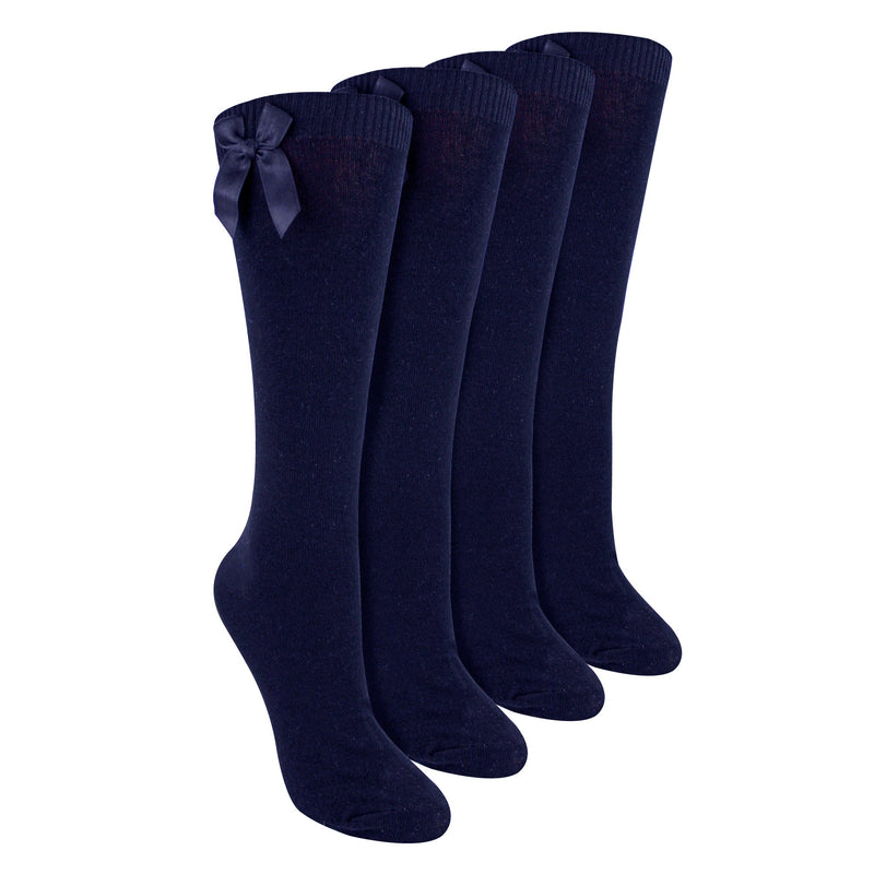 Girls 4 Pack Knee High School Socks with Ribbon Bow | Kids Plain Long Socks