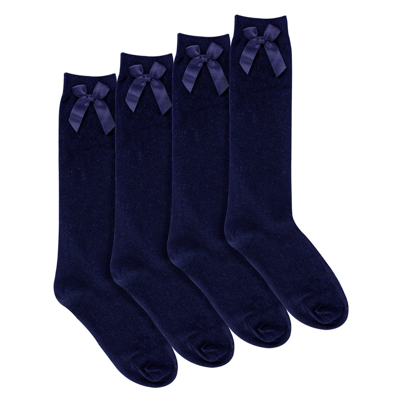 Girls 4 Pack Knee High School Socks with Ribbon Bow | Kids Plain Long Socks