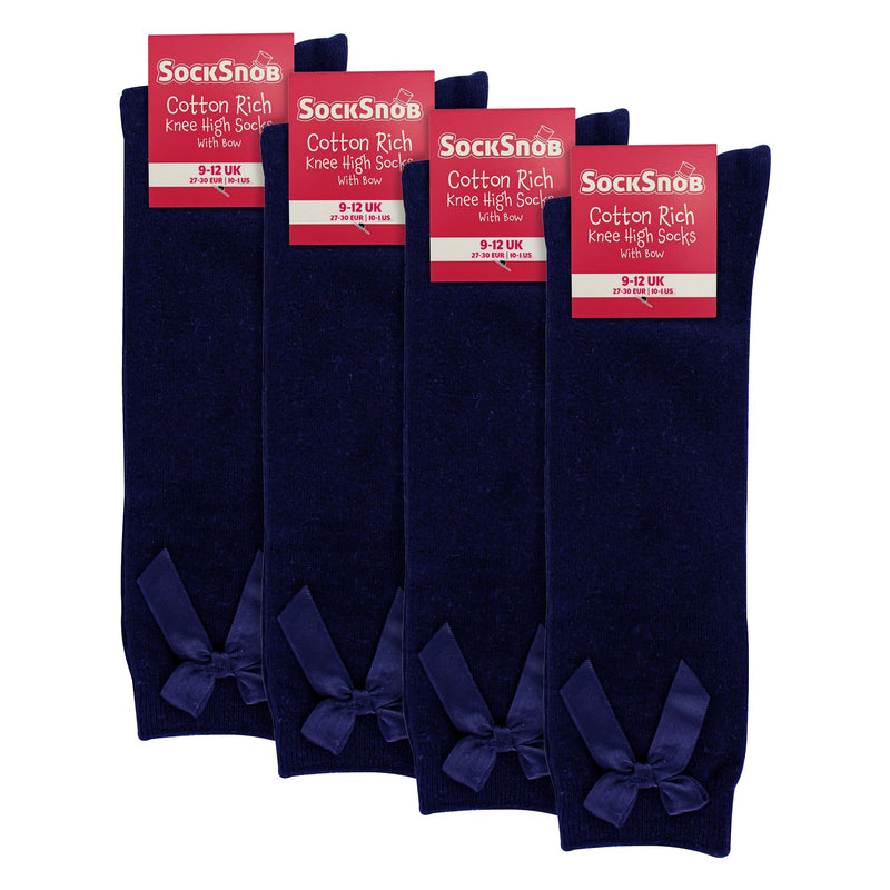 Girls 4 Pack Knee High School Socks with Ribbon Bow | Kids Plain Long Socks