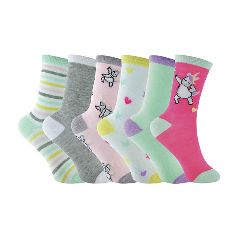 6 Pack Girls Pastel Novelty Unicorn Patterned Socks