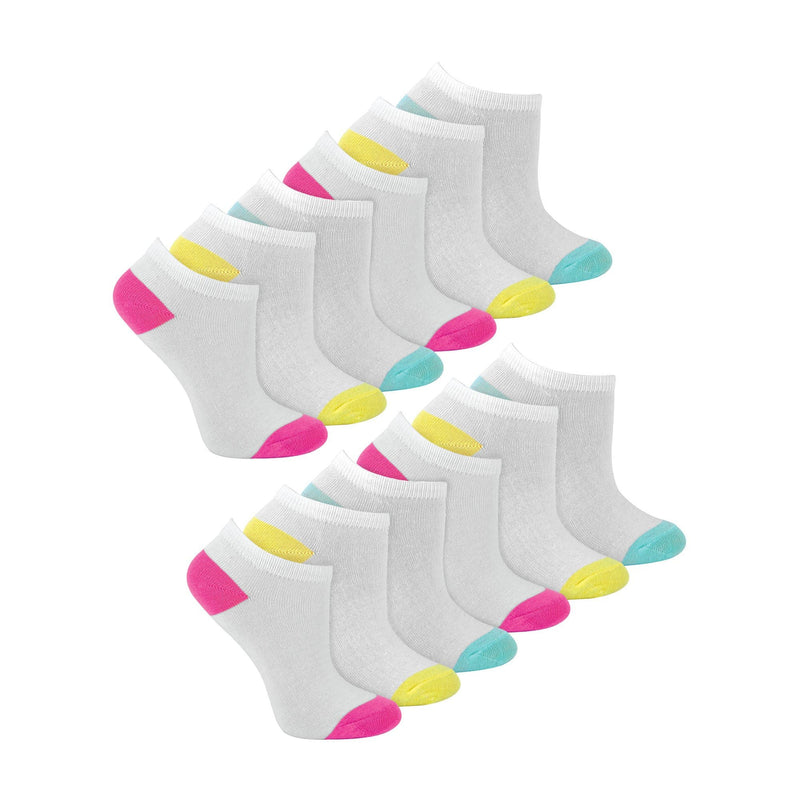 12 Pack Girls Low Cut White Trainer Socks with Contrast Heel & Toe